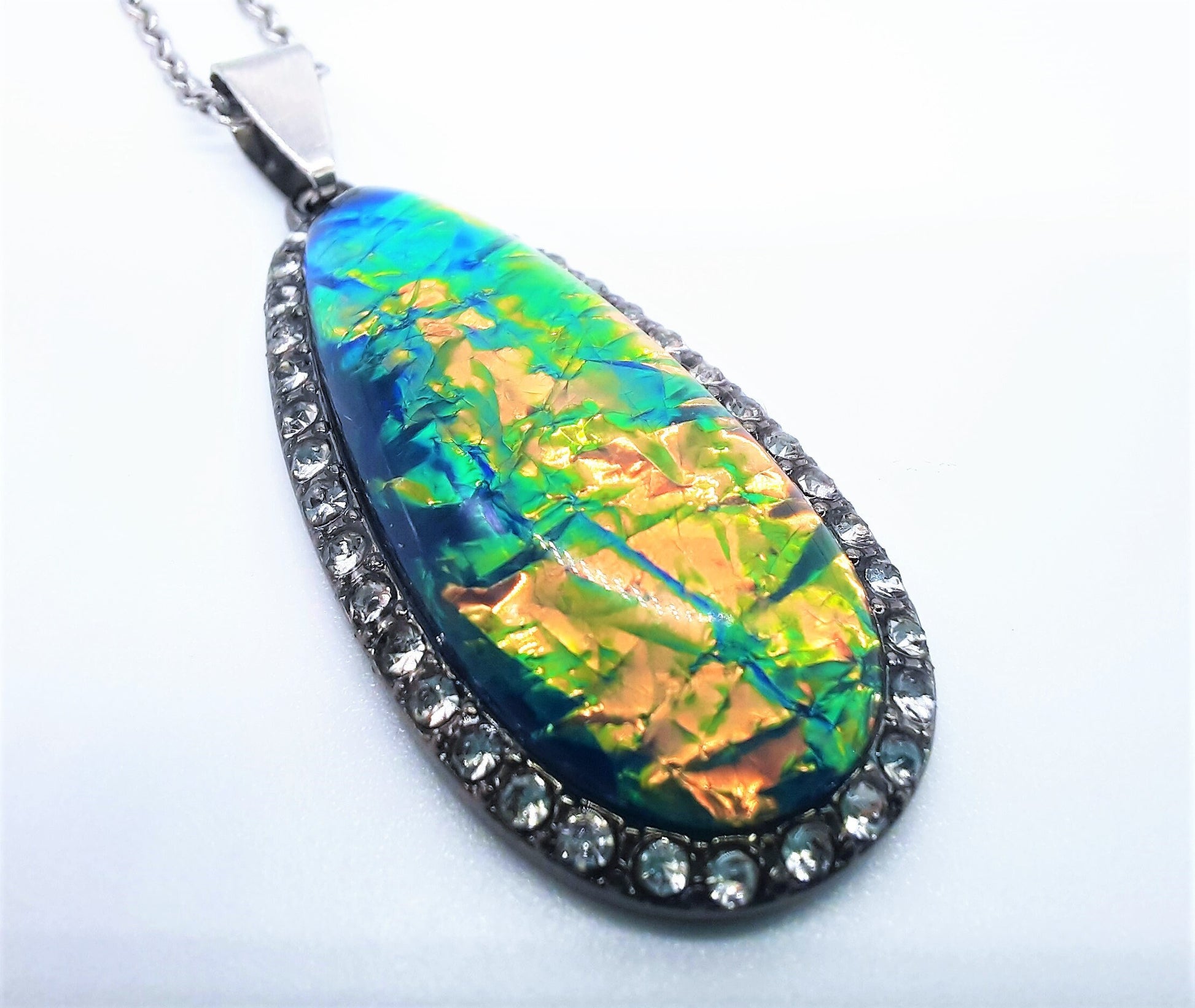 Translucent Glittery Opal (like) Blue Green Teardrop Pendant Necklace - Stainless Steel Chain- Hypoallergenic - Glass Cabochon