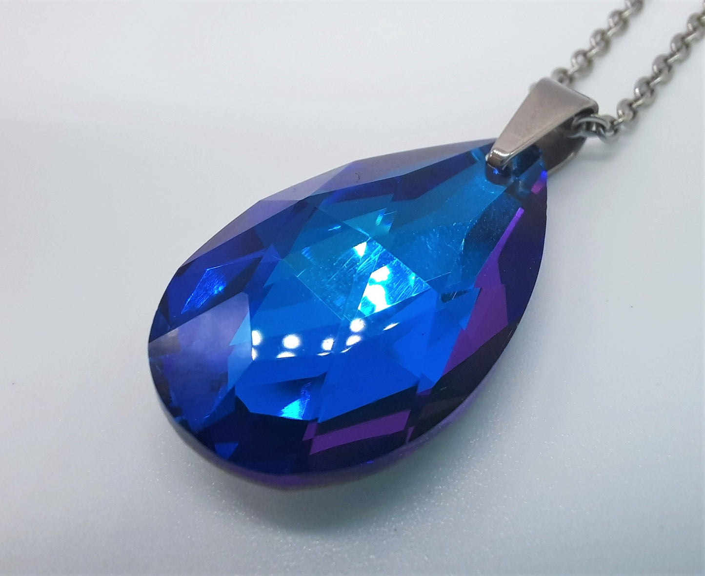 Handcrafted Multifaceted Bermuda Blue Teardrop Glass Rhinestone Pendant Necklace - Hypoallergenic Stainless Steel Chain - Blue Zircon Look