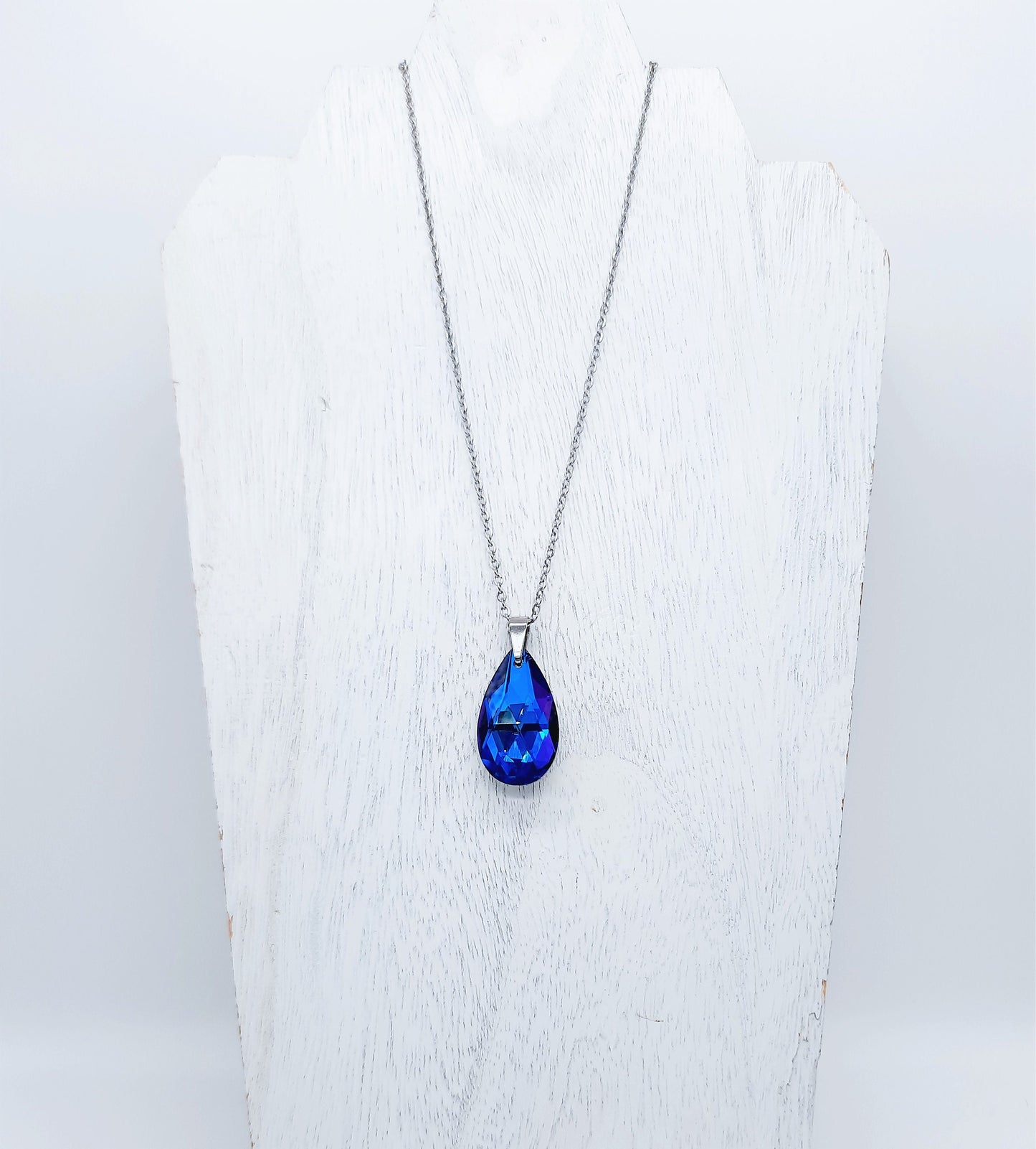 Handcrafted Multifaceted Bermuda Blue Teardrop Glass Rhinestone Pendant Necklace - Hypoallergenic Stainless Steel Chain - Blue Zircon Look