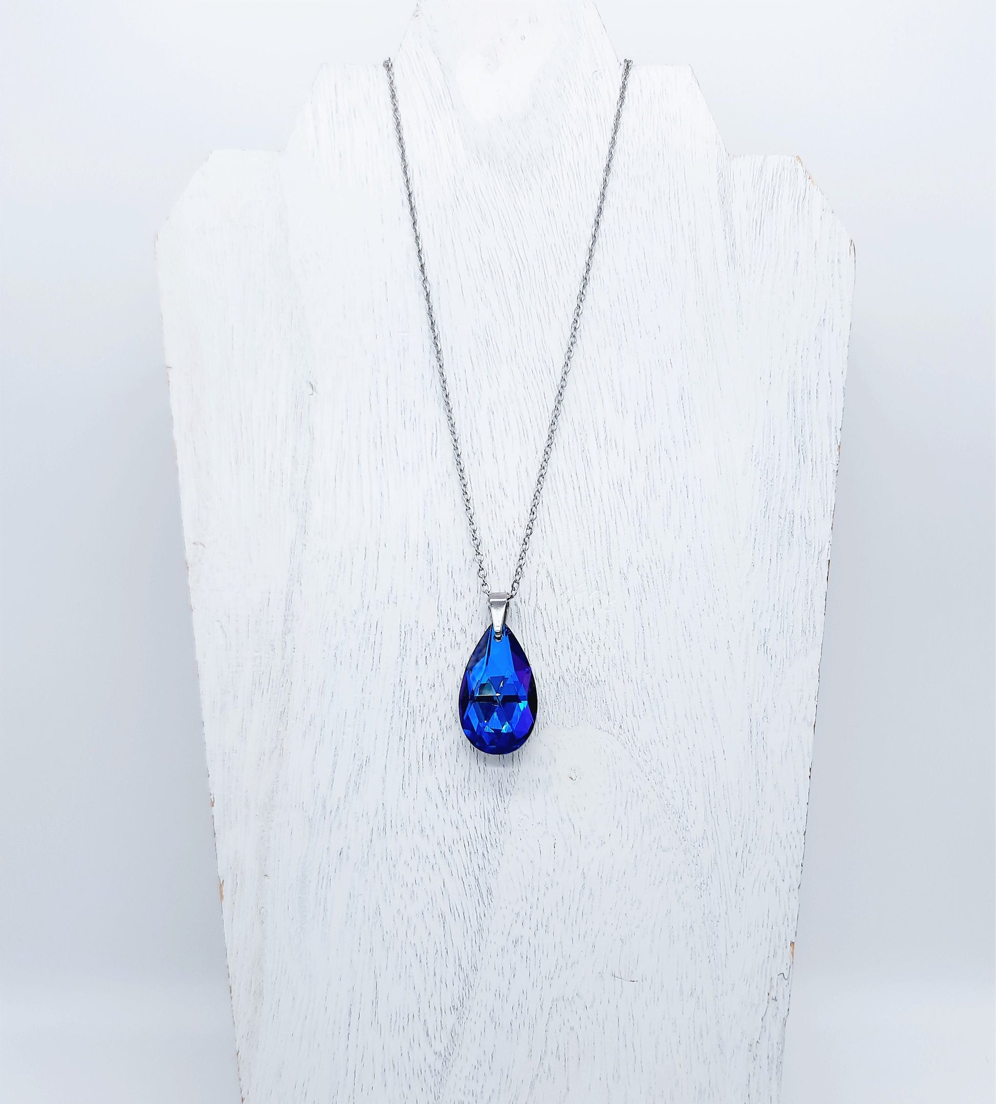 Handcrafted Multifaceted Bermuda Blue Teardrop Glass Rhinestone Pendant Necklace - Hypoallergenic Stainless Steel Chain - Blue Zircon Look