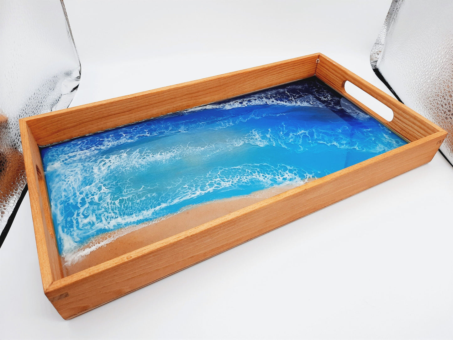 Translucent Aqua Wood-Epoxy Large Serving Tray Design by Silken at