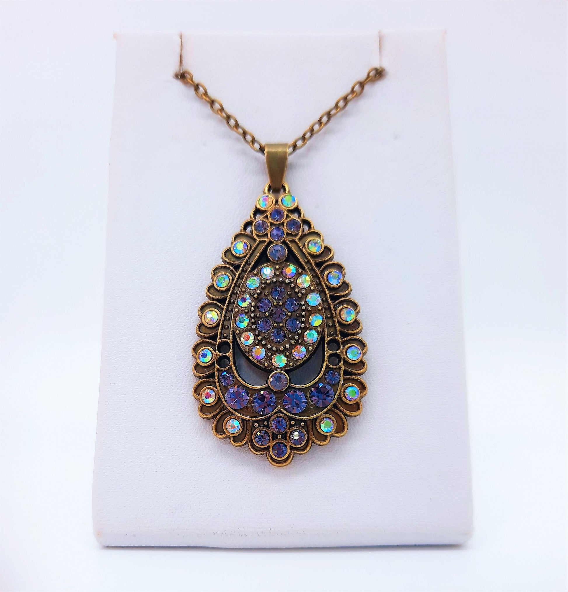 Handmade / Handcrafted Antiqued Brass / Bronze Aurora Borealis & Purple Rhinestone Intricate Filigree Teardrop Pendant Necklace