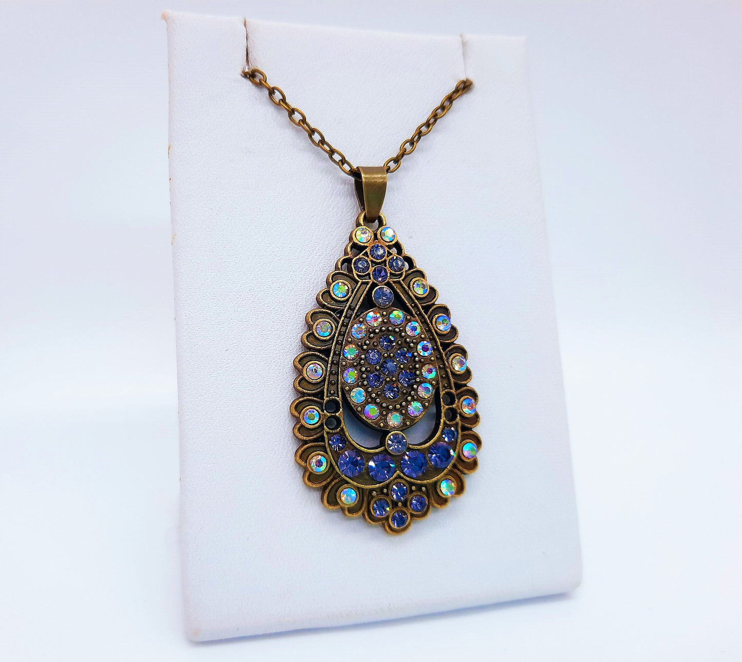 Handmade / Handcrafted Antiqued Brass / Bronze Aurora Borealis & Purple Rhinestone Intricate Filigree Teardrop Pendant Necklace