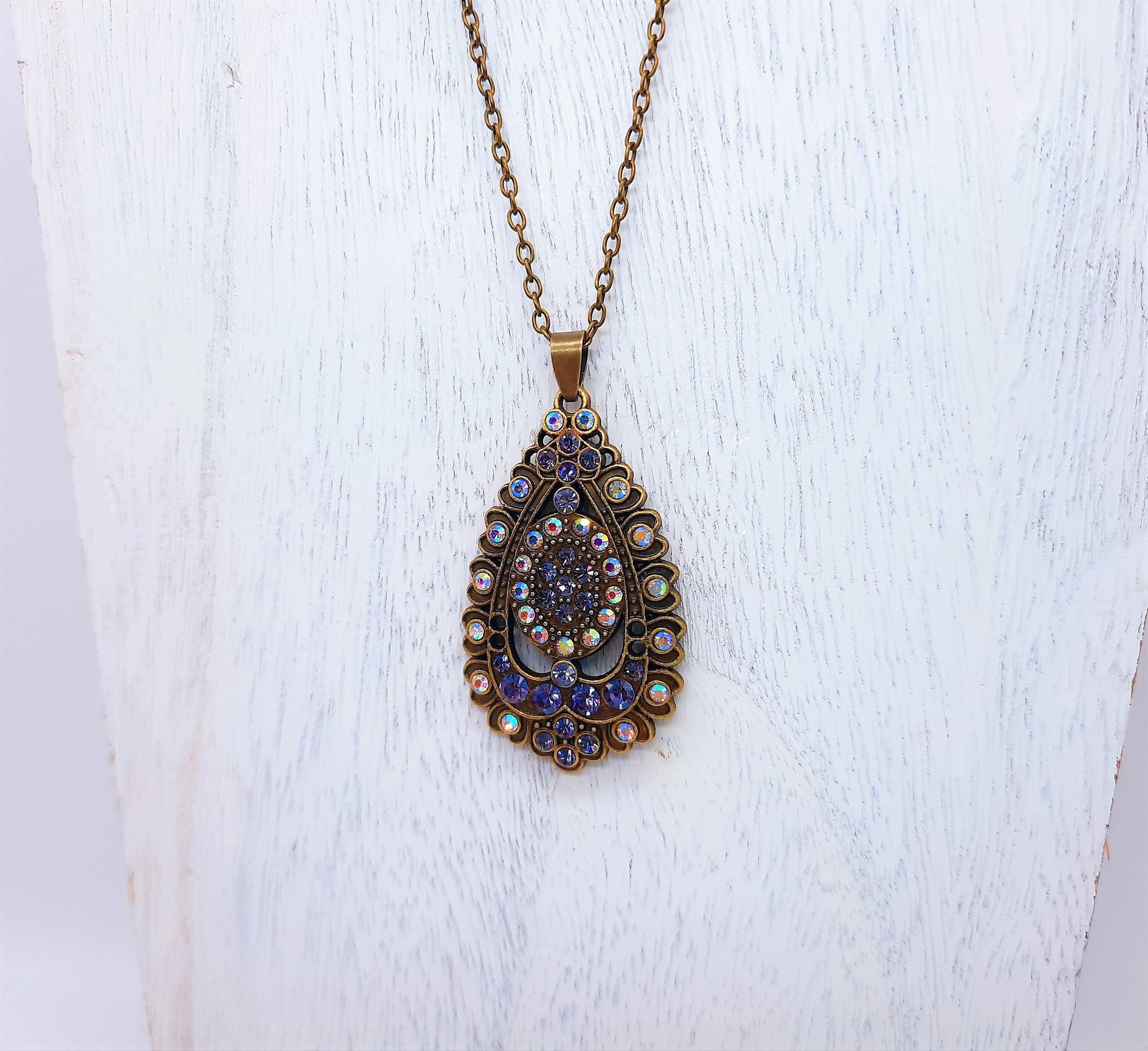 Handmade / Handcrafted Antiqued Brass / Bronze Aurora Borealis & Purple Rhinestone Intricate Filigree Teardrop Pendant Necklace