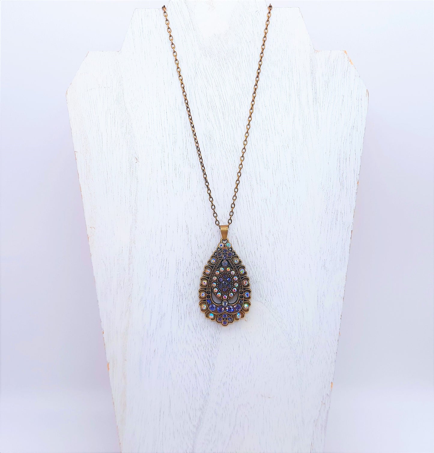 Handmade / Handcrafted Antiqued Brass / Bronze Aurora Borealis & Purple Rhinestone Intricate Filigree Teardrop Pendant Necklace