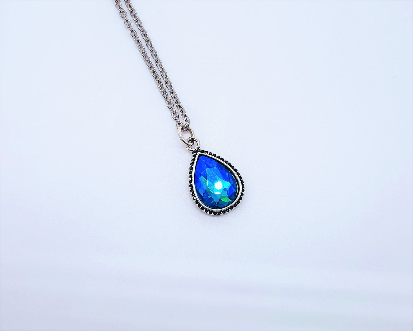 Handmade / Handcrafted Antiqued Silver Teal Blue Rhinestone Teardrop Pendant Necklace, 18" Stainless Steel Chain, Hypoallergenic