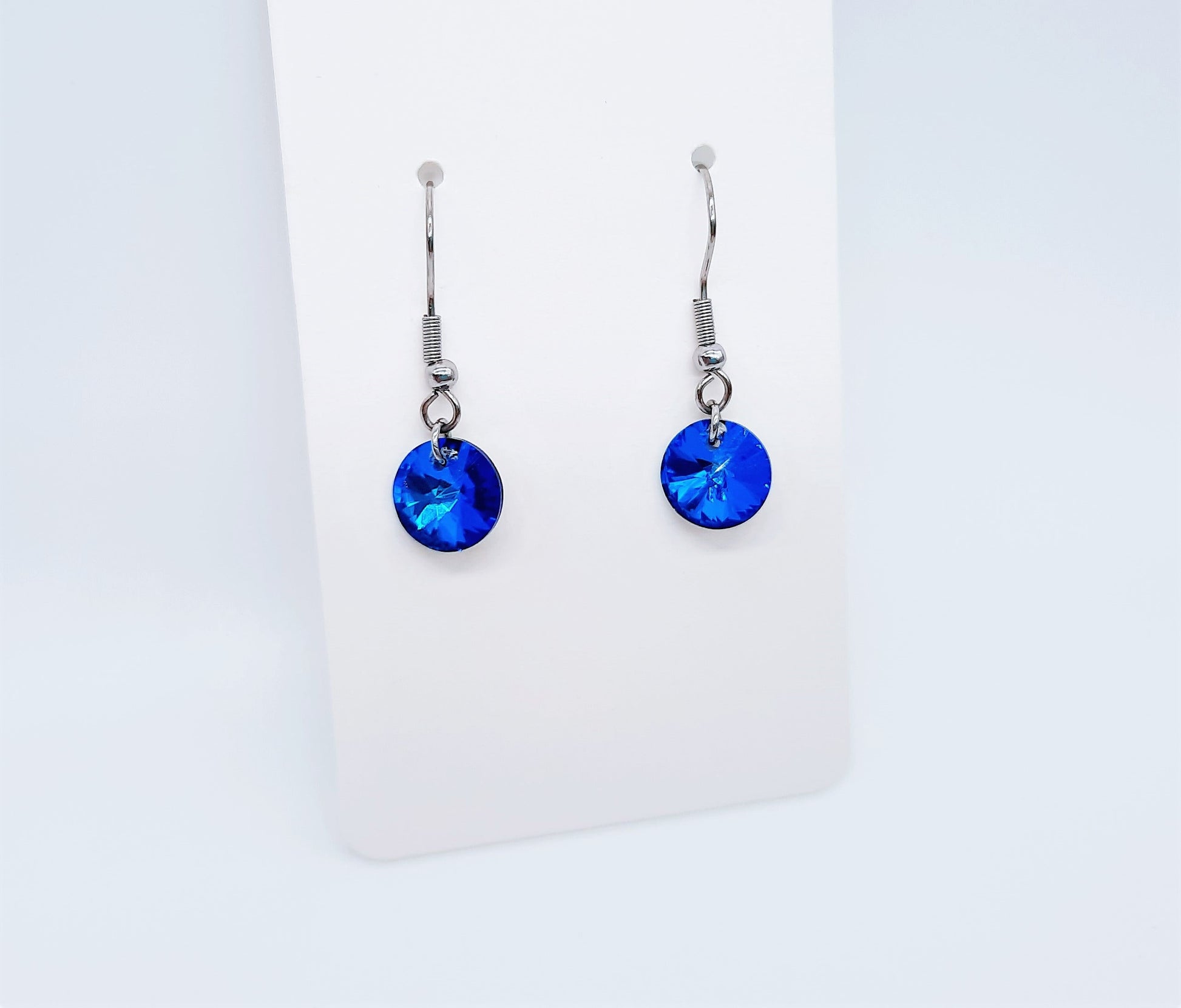 Handmade / Handcrafted Bermuda Blue Rhinestone Round Crystal Pendant Earrings - Hypoallergenic Stainless Steel Ear Wire Hooks