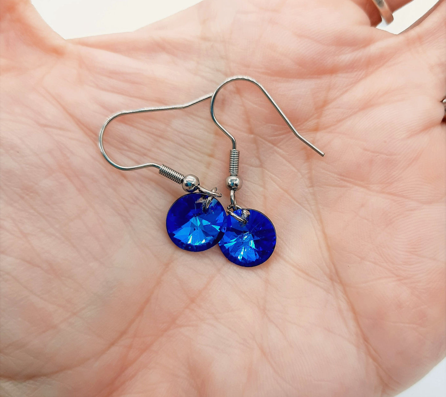 Handmade / Handcrafted Bermuda Blue Rhinestone Round Crystal Pendant Earrings - Hypoallergenic Stainless Steel Ear Wire Hooks