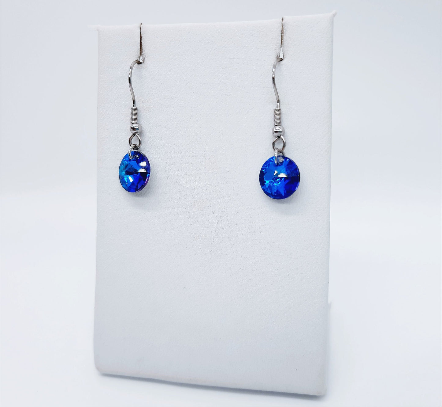 Handmade / Handcrafted Bermuda Blue Rhinestone Round Crystal Pendant Earrings - Hypoallergenic Stainless Steel Ear Wire Hooks