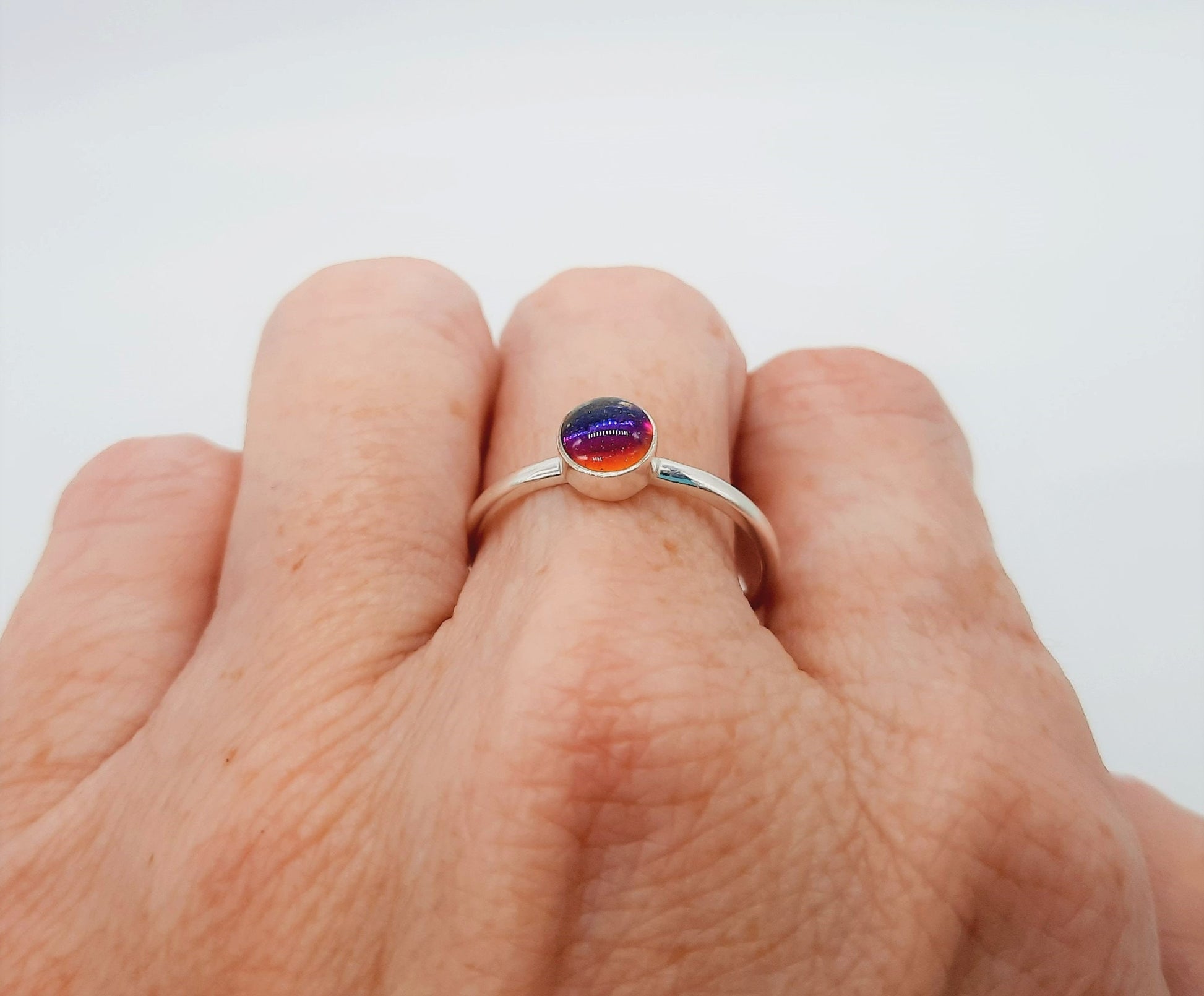 Handcrafted / Handmade 925 Sterling Silver Ring, Made with an Iridescent Red and Blue Mirrorball Rhinestone, Dome with Mica Infused Resin