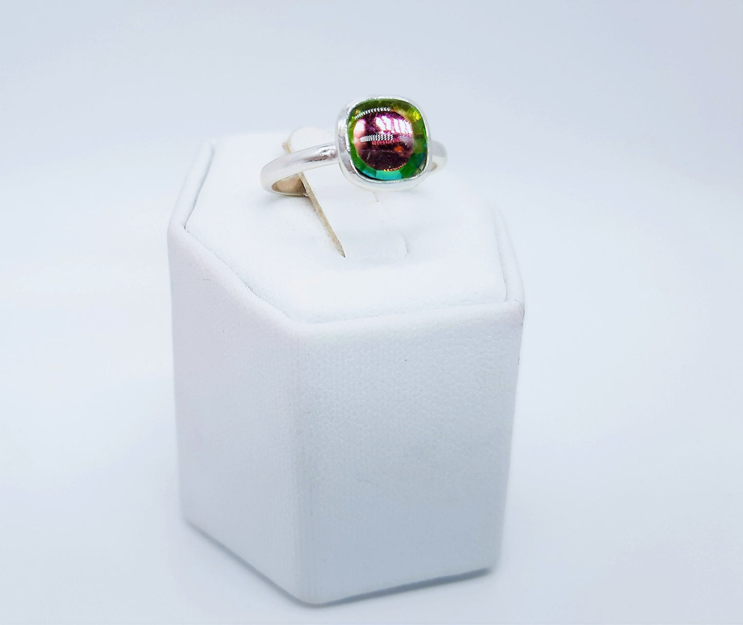 Handcrafted Square Design 925 Sterling Silver Iridescent Multifaceted Purple and Green Aurora Borealis Ring, Domed with Mica Infused Resin