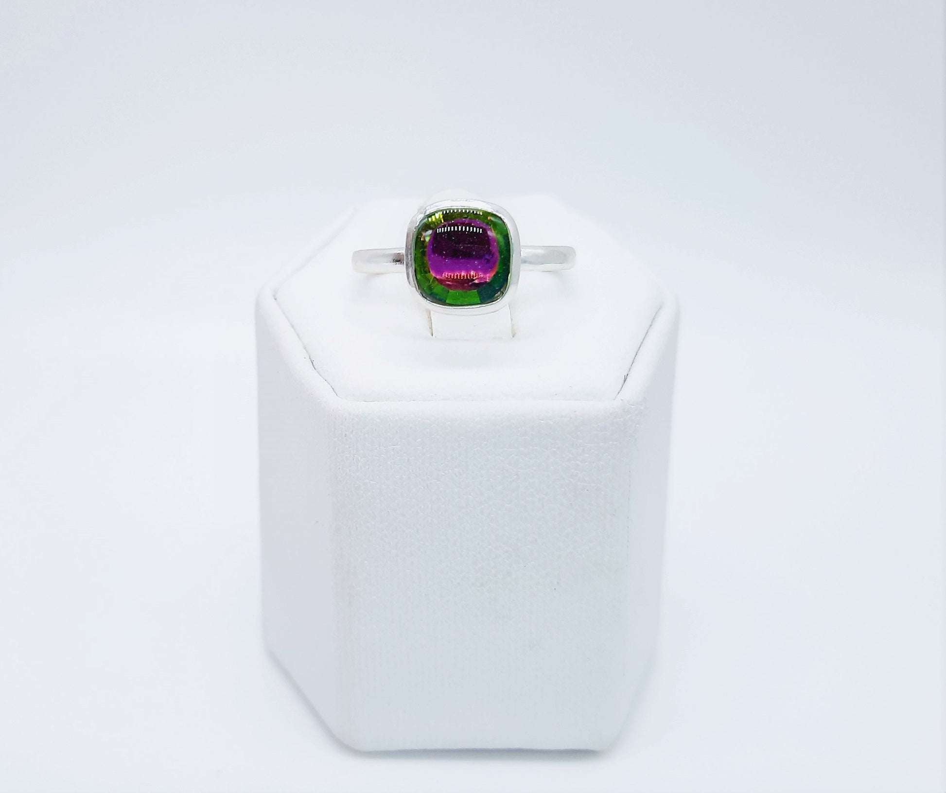 Handcrafted Square Design 925 Sterling Silver Iridescent Multifaceted Purple and Green Aurora Borealis Ring, Domed with Mica Infused Resin