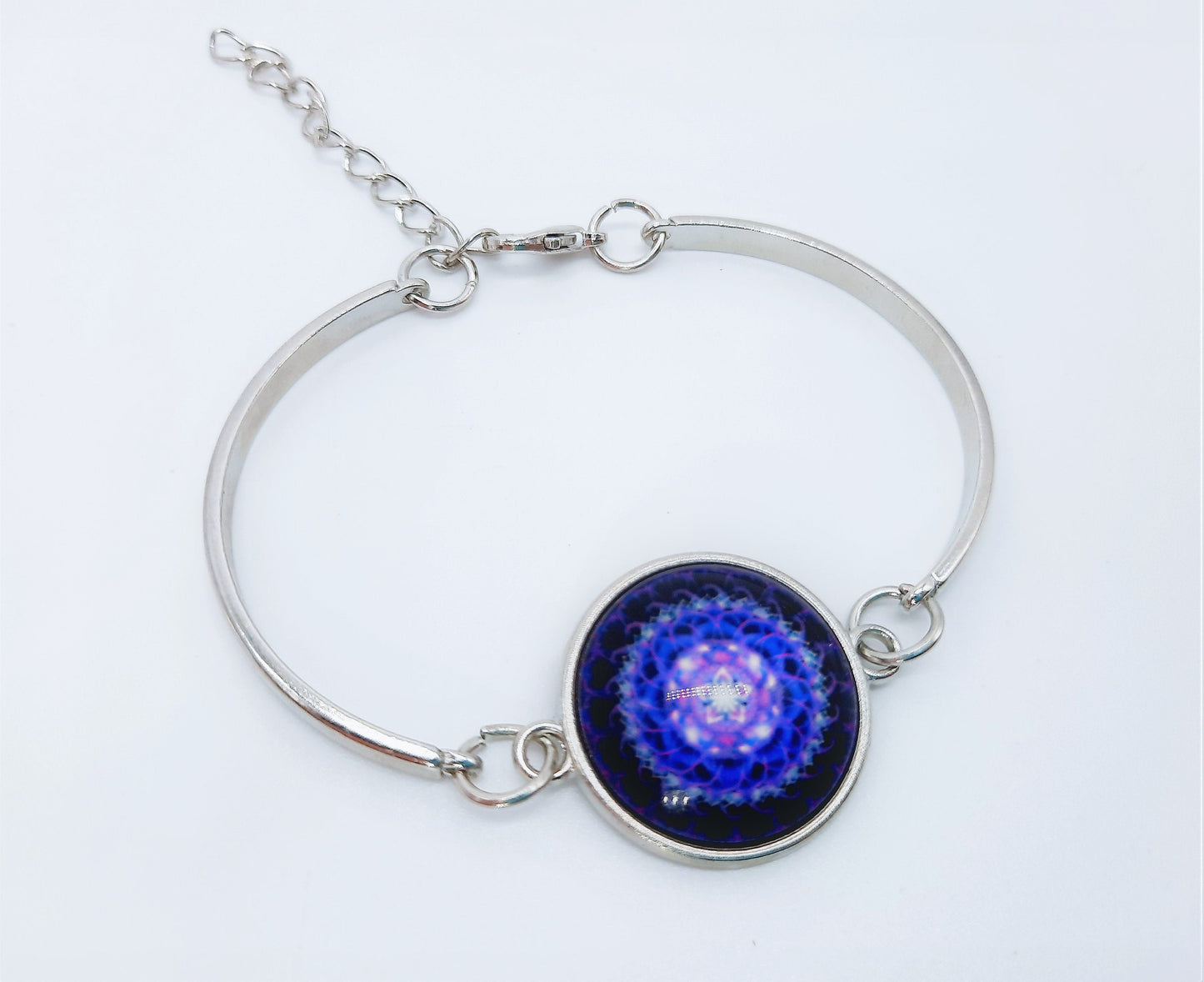 Purple Mandala Pattern Design - Glass Cabochon Stainless Steel Adjustable Bangle Bracelet - Made with Hypoallergenic Stainless Steel