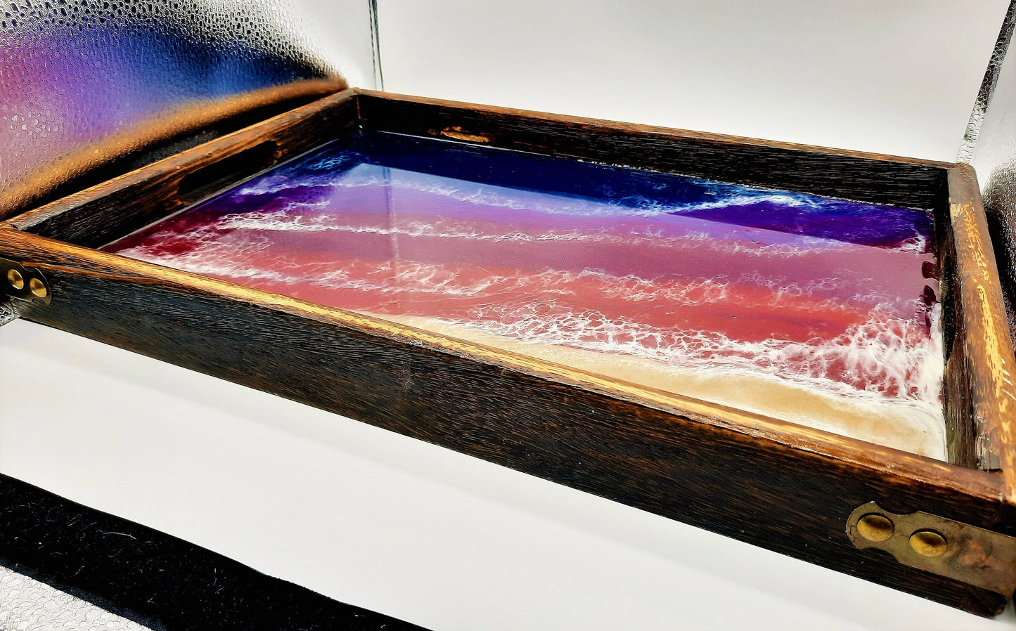 Handmade / Handpoured Eco-Friendly Epoxy Resin Purple, Red, Pink Sunset Seascape Coastal Wave Beach Scene Serving Tray - Made with Real Sand