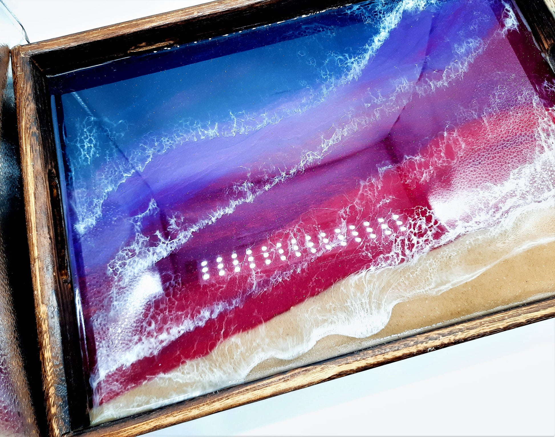 Handmade / Handpoured Eco-Friendly Epoxy Resin Purple, Red, Pink Sunset Seascape Coastal Wave Beach Scene Serving Tray - Made with Real Sand