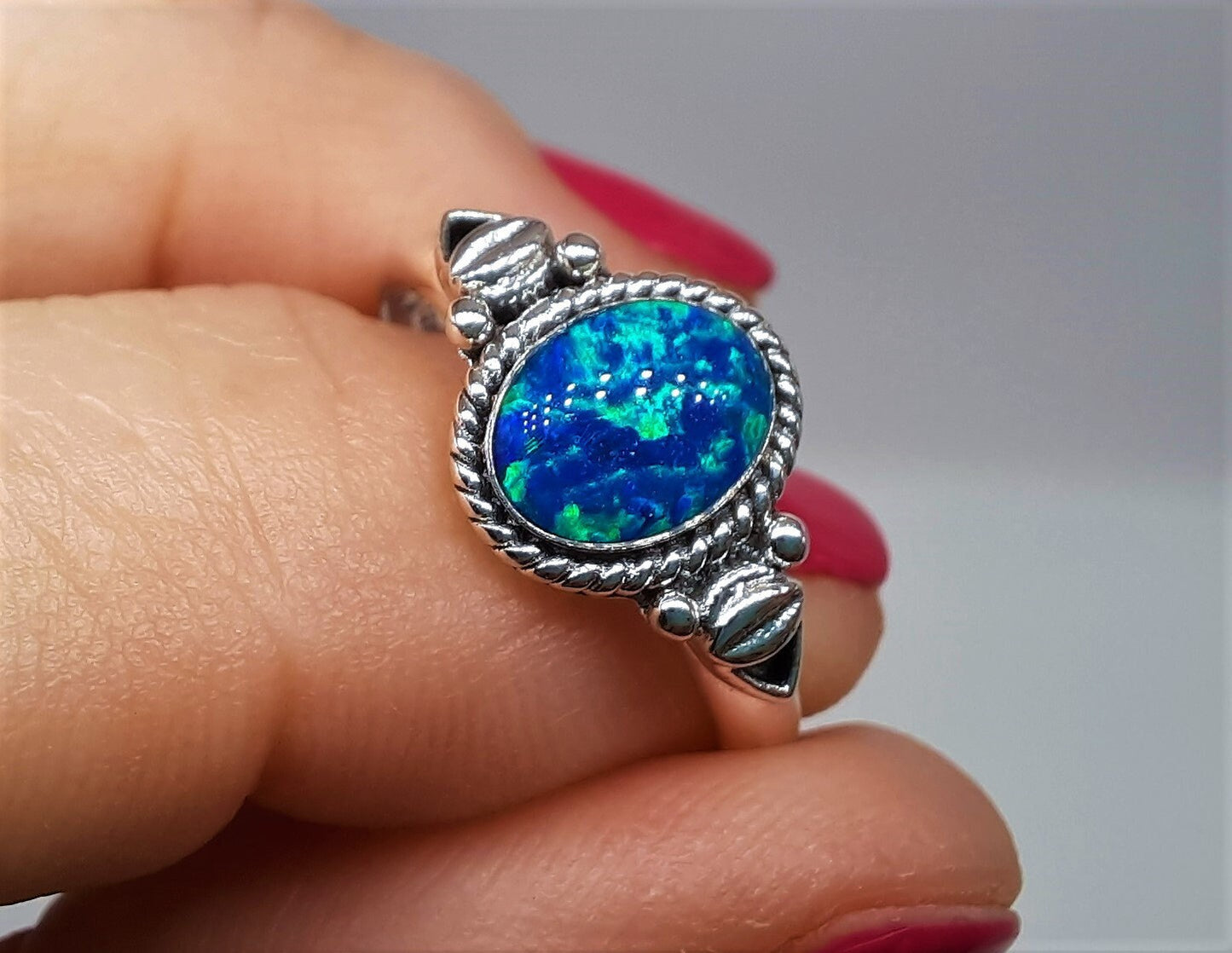 Handcrafted / Handmade Intricate Antiqued 925 Sterling Silver Ring, Genuine Blue Opal Oval Stone, Domed with Holographic Resin