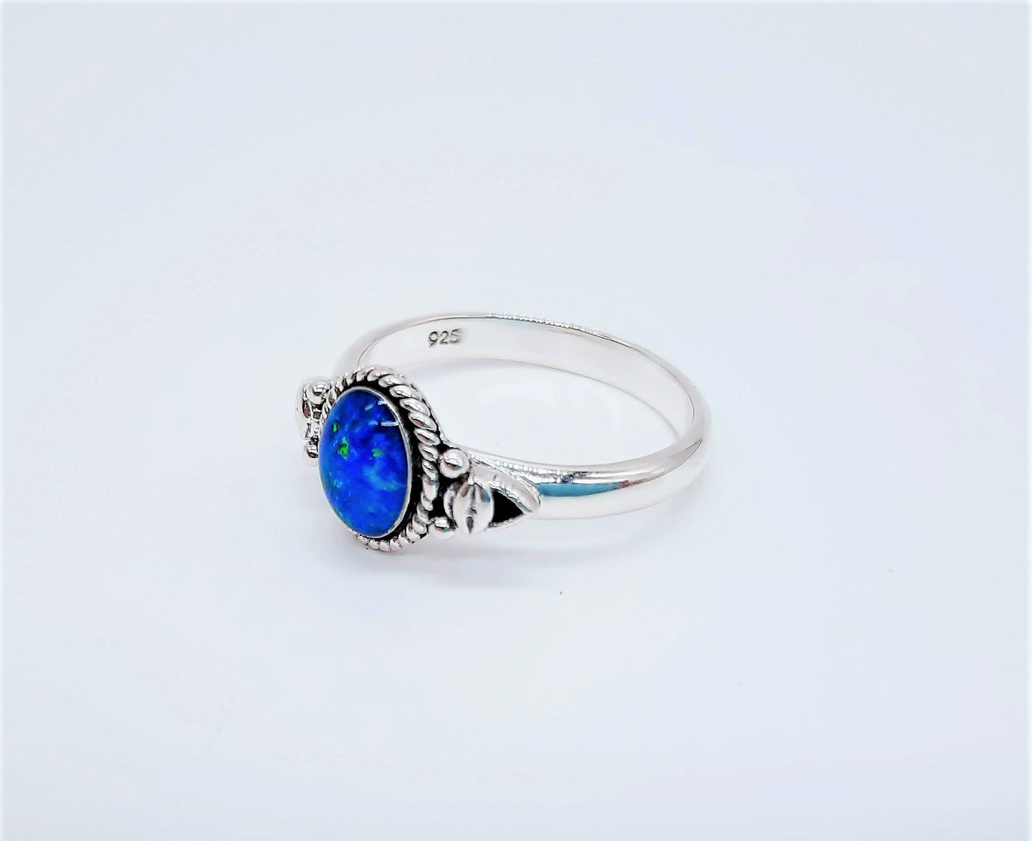 Handcrafted / Handmade Intricate Antiqued 925 Sterling Silver Ring, Genuine Blue Opal Oval Stone, Domed with Holographic Resin