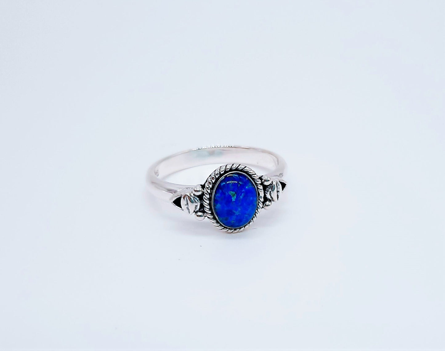 Handcrafted / Handmade Intricate Antiqued 925 Sterling Silver Ring, Genuine Blue Opal Oval Stone, Domed with Holographic Resin