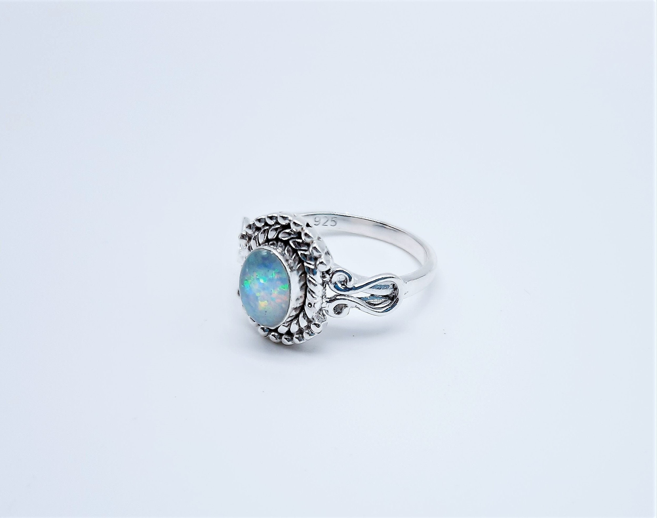 Silver White Opal Sterling Silver Solitaire Ring,Handmade Gemstone Jewelry,  Gift for Her4.5