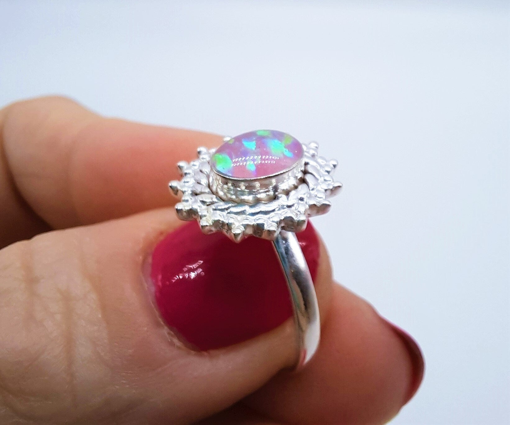 Handcrafted / Handmade Antiqued 925 Sterling Silver Ring, Genuine Pink Opal Stone, Domed with Holographic Resin