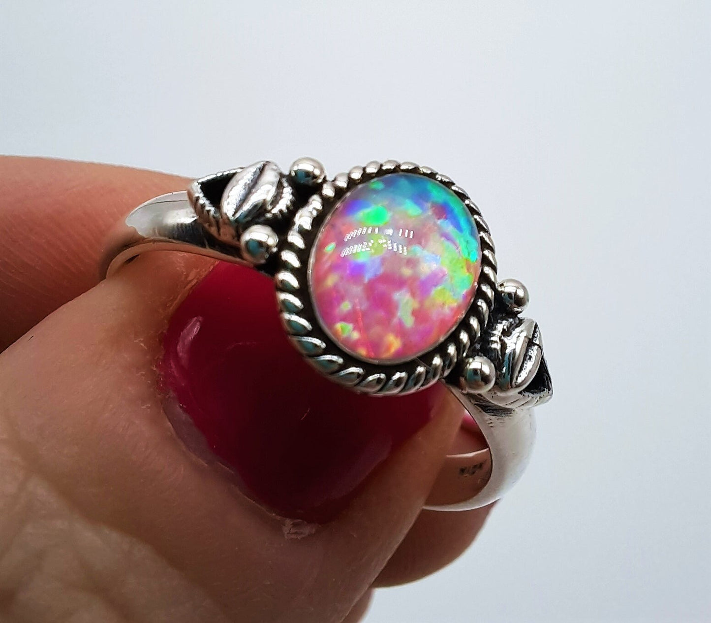 Handcrafted / Handmade Intricate Antiqued 925 Sterling Silver Ring, Genuine Pink Opal Stone, Domed with Holographic Resin