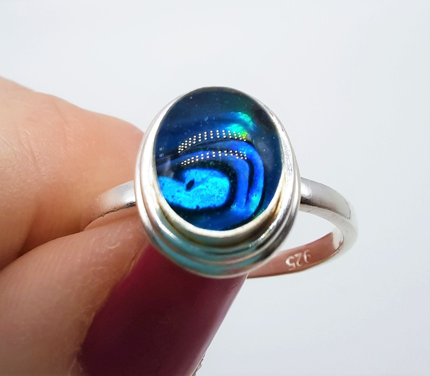 Handmade / Handcrafted 925 Sterling Silver Blue Abalone / Paua Seashell Ring, Oval, Sealed with Holographic Mica Infused Resin
