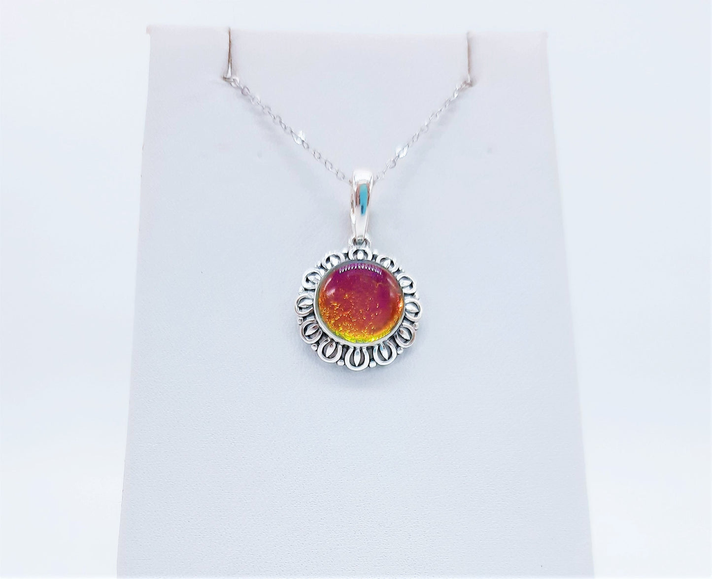 Handcrafted Iridescent Red Orange Yellow Green Glass Cabochon Pendant Necklace, Made with 925 Sterling Silver, Domed with Holographic Resin