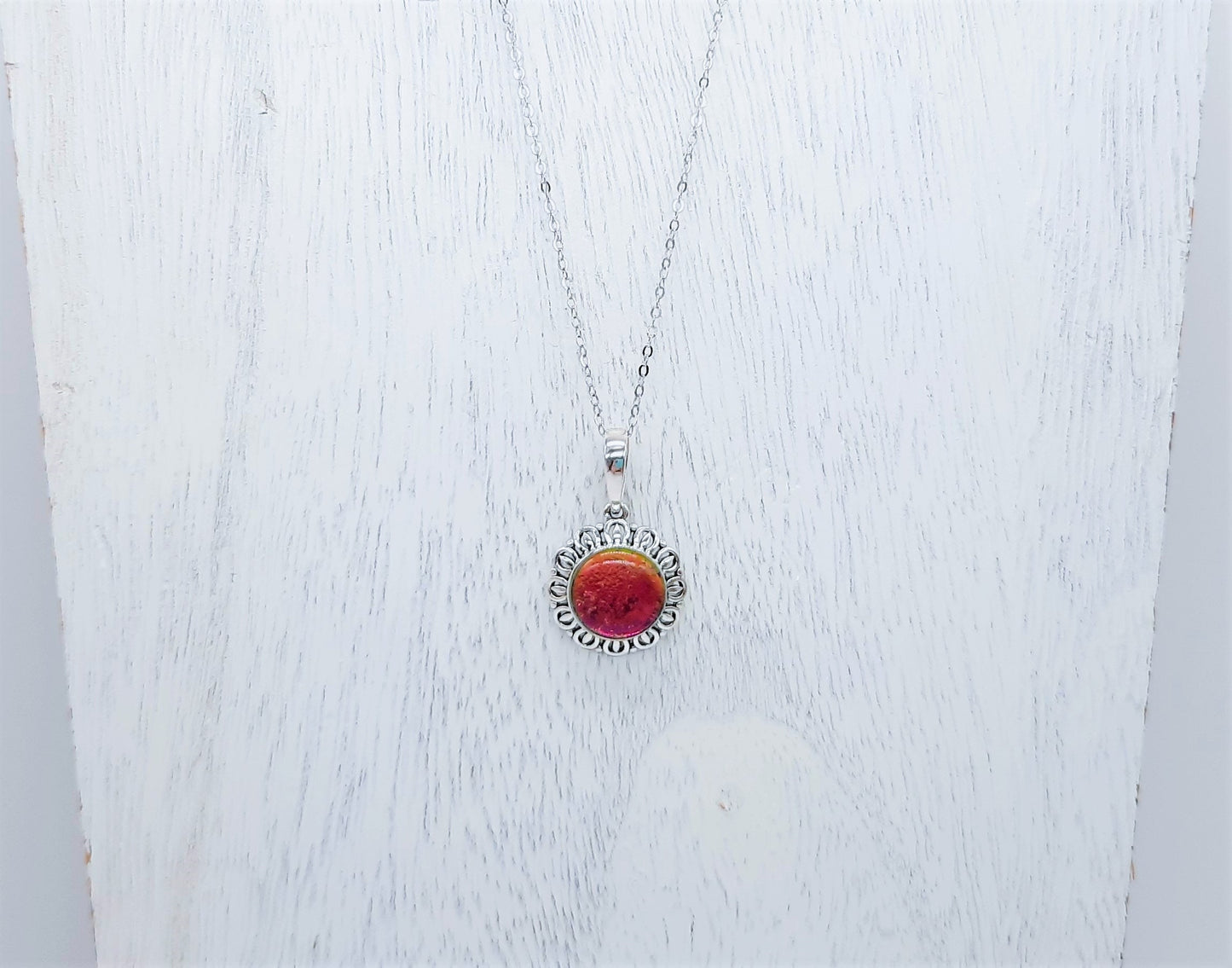 Handcrafted Iridescent Red Orange Yellow Green Glass Cabochon Pendant Necklace, Made with 925 Sterling Silver, Domed with Holographic Resin