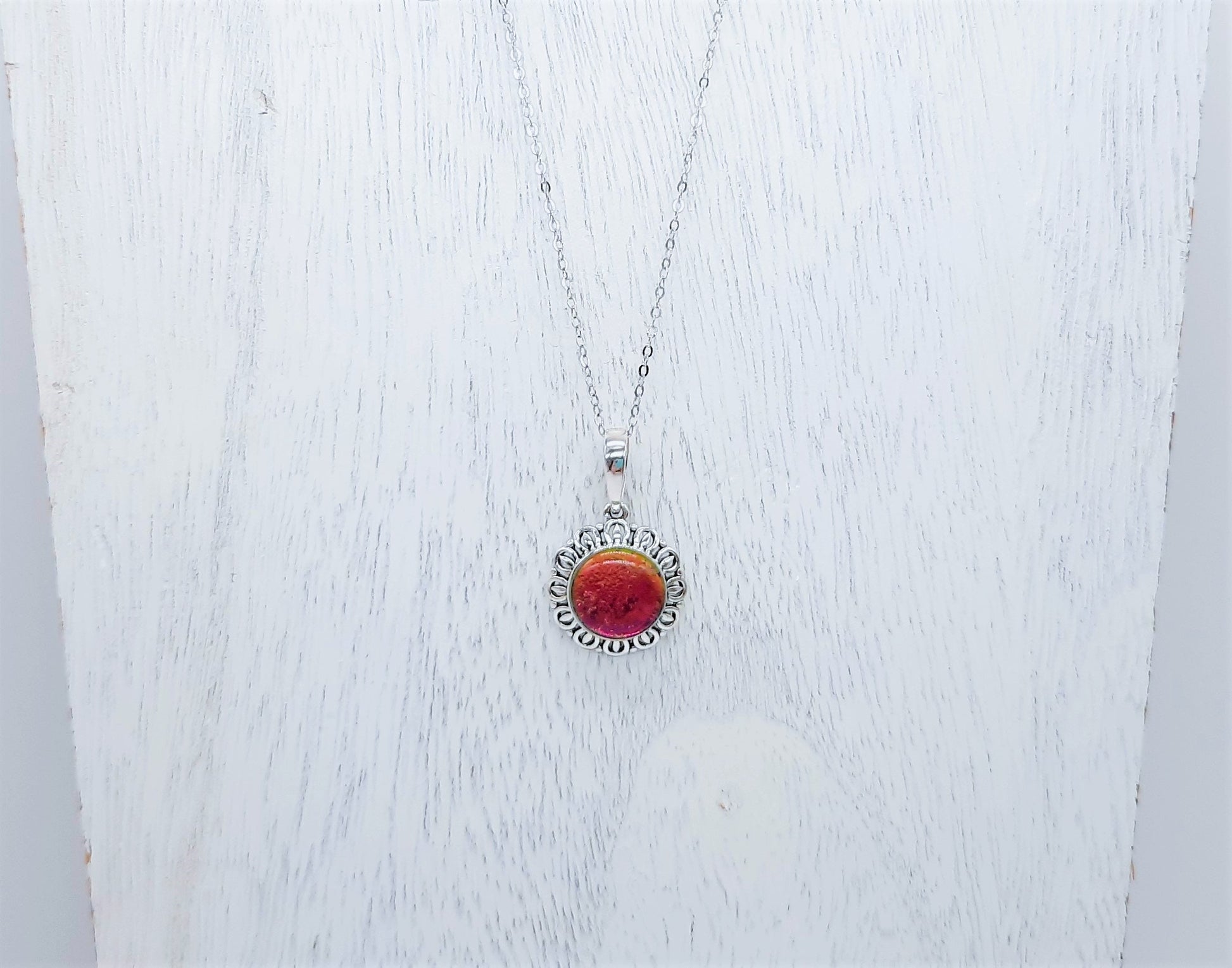 Handcrafted Iridescent Red Orange Yellow Green Glass Cabochon Pendant Necklace, Made with 925 Sterling Silver, Domed with Holographic Resin