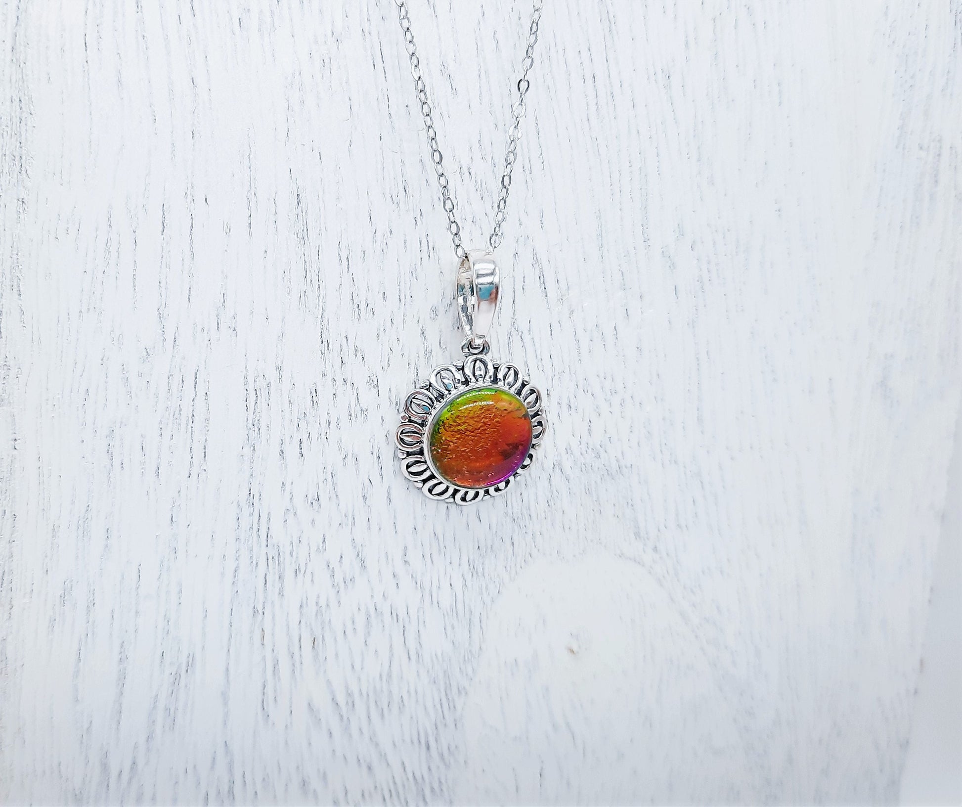 Handcrafted Iridescent Red Orange Yellow Green Glass Cabochon Pendant Necklace, Made with 925 Sterling Silver, Domed with Holographic Resin