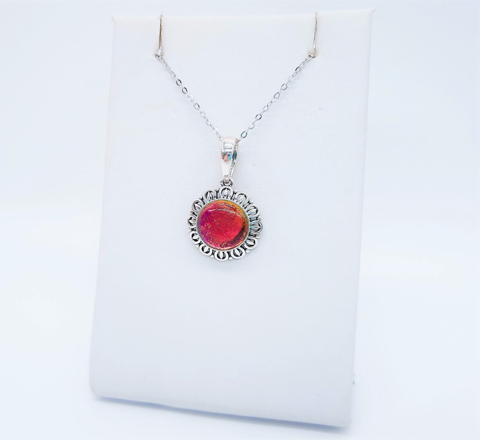 Handcrafted Iridescent Red Orange Yellow Green Glass Cabochon Pendant Necklace, Made with 925 Sterling Silver, Domed with Holographic Resin