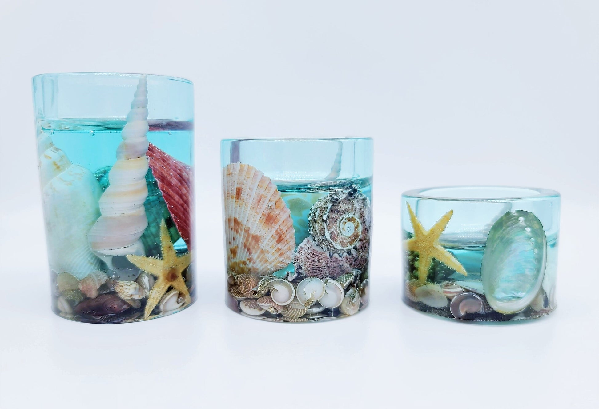 Seascape Candle Holder Made with Eco-Friendly Epoxy Resin and Seashells - Includes Choice of Real SCENTED Tealight or LED Tealight