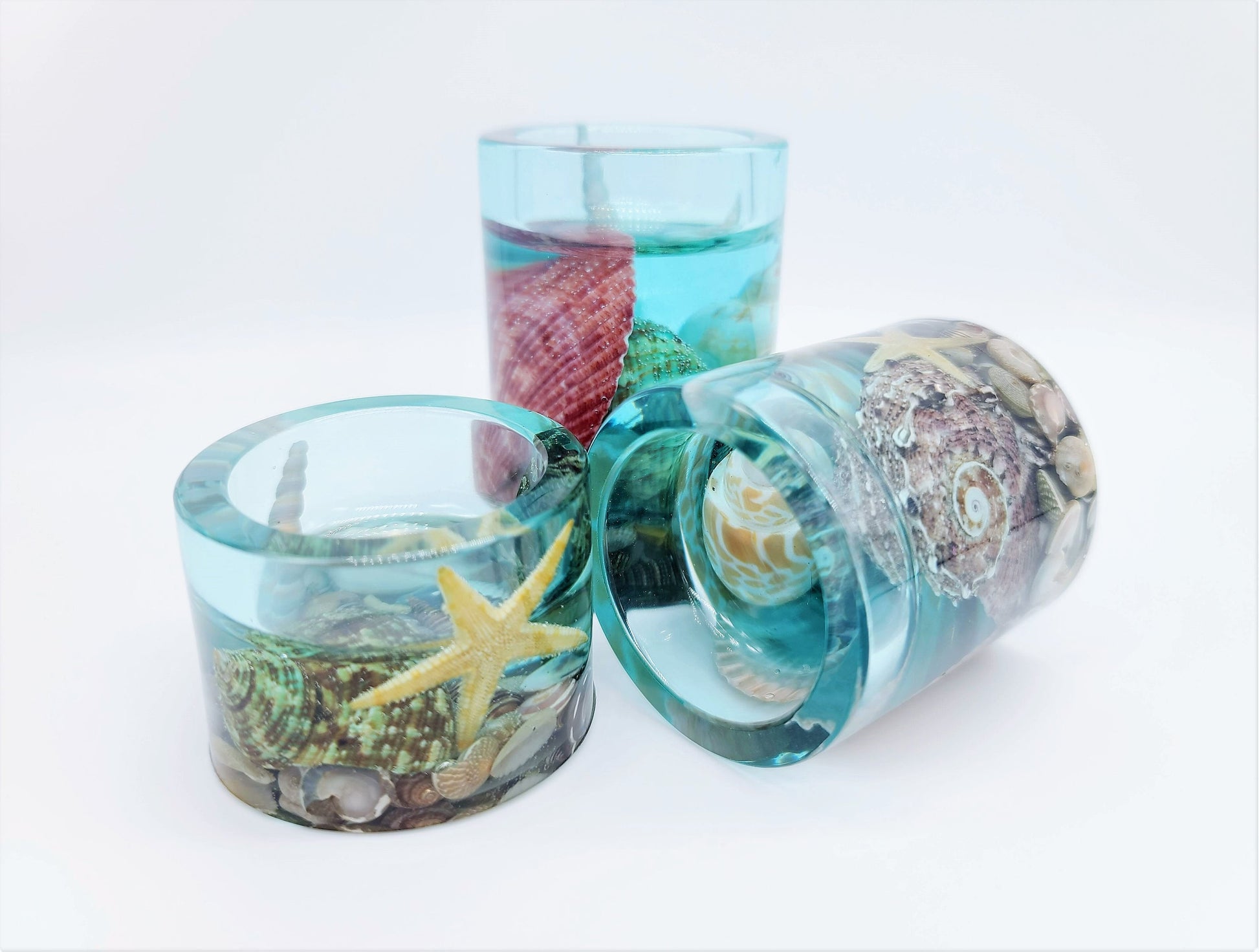 Seascape Candle Holder Made with Eco-Friendly Epoxy Resin and Seashells - Includes Choice of Real SCENTED Tealight or LED Tealight
