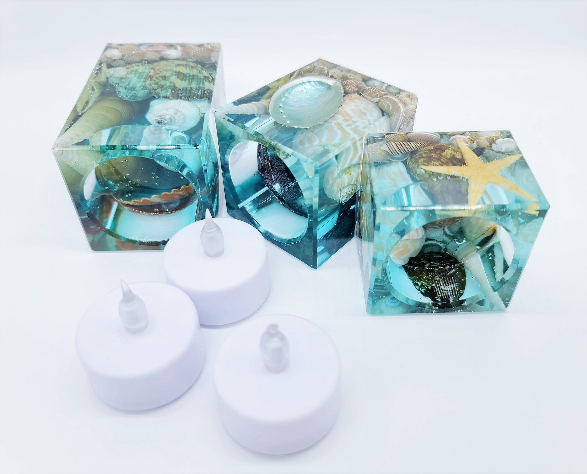 Ocean Themed Square Candle Holder Made with Eco-Friendly Epoxy Resin & Seashells - Includes Choice of Real SCENTED Tealight or LED Tealight