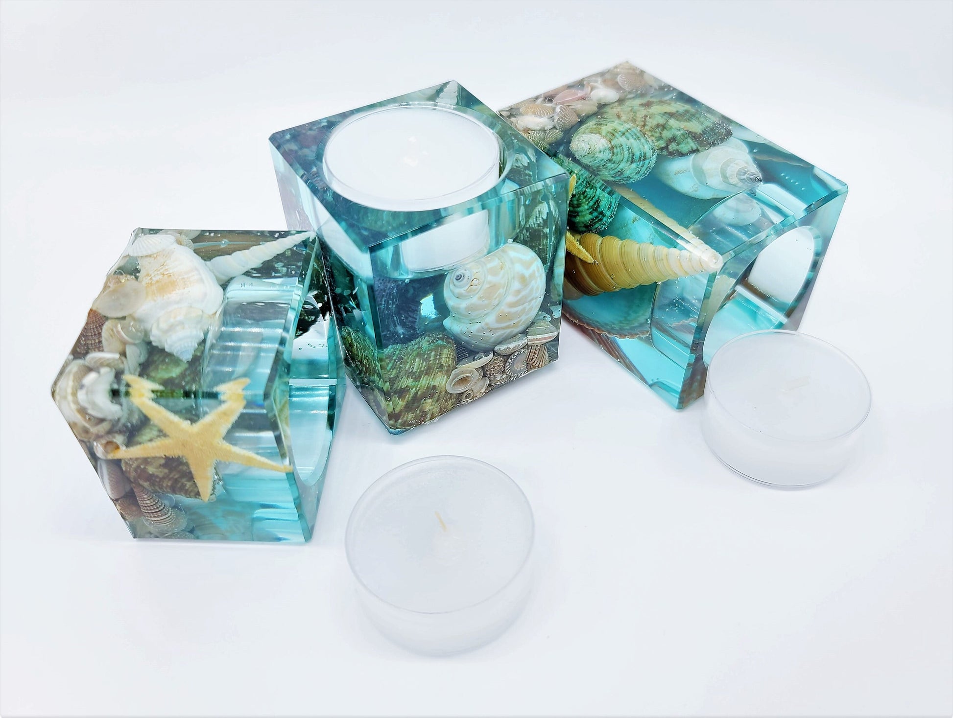 Seascape Candle Holder Made with Eco-Friendly Epoxy Resin and Seashells - Includes Choice of Real SCENTED Tealight or LED Tealight