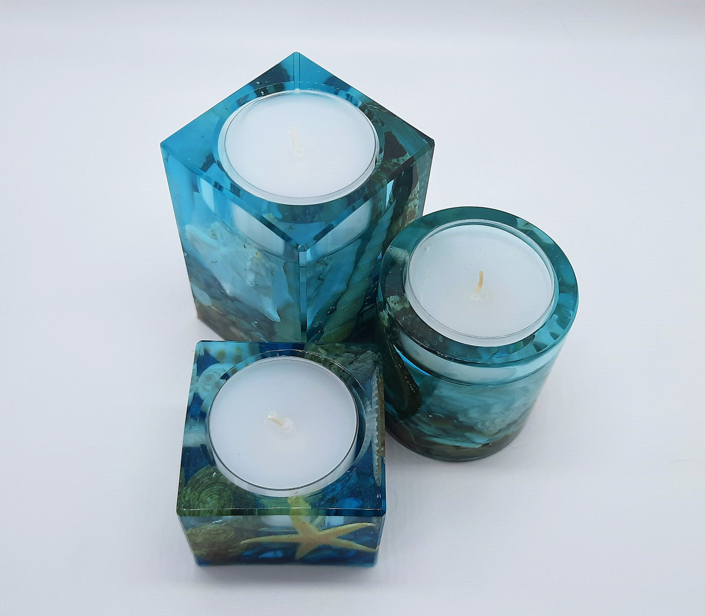 Ocean Themed Square Candle Holder Made with Eco-Friendly Epoxy Resin & Seashells - Includes Choice of Real SCENTED Tealight or LED Tealight