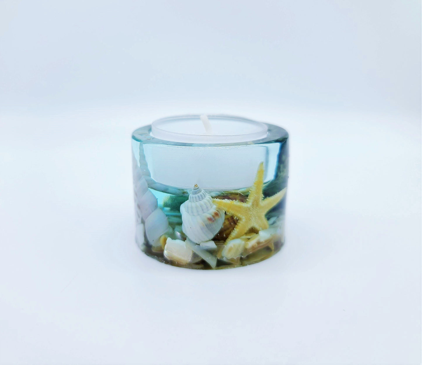 Beach Themed Round Candle Holder Made with Eco-Friendly Epoxy Resin and Seashells - Includes Choice of Real SCENTED Tealight or LED Tealight