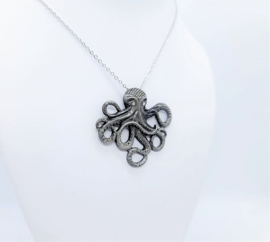 Antique Silver Metal Octopus Pendant Necklace - 18" Stainless Steel Silver Hypoallergenic Chain - Lobster Claw Closure - Alloy Pendant