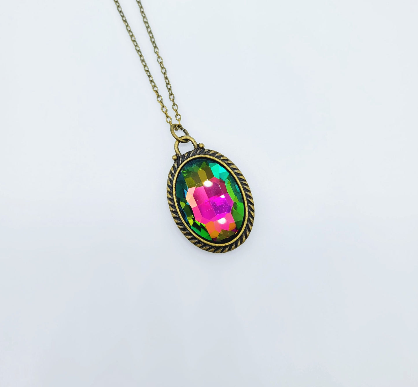 Handcrafted Rainbow Rhinestone Oval Pendant Necklace - Bronze 18" Chain & Bail - Rainbow Aurora Borealis Look - Rainbow Mystic Topaz Look