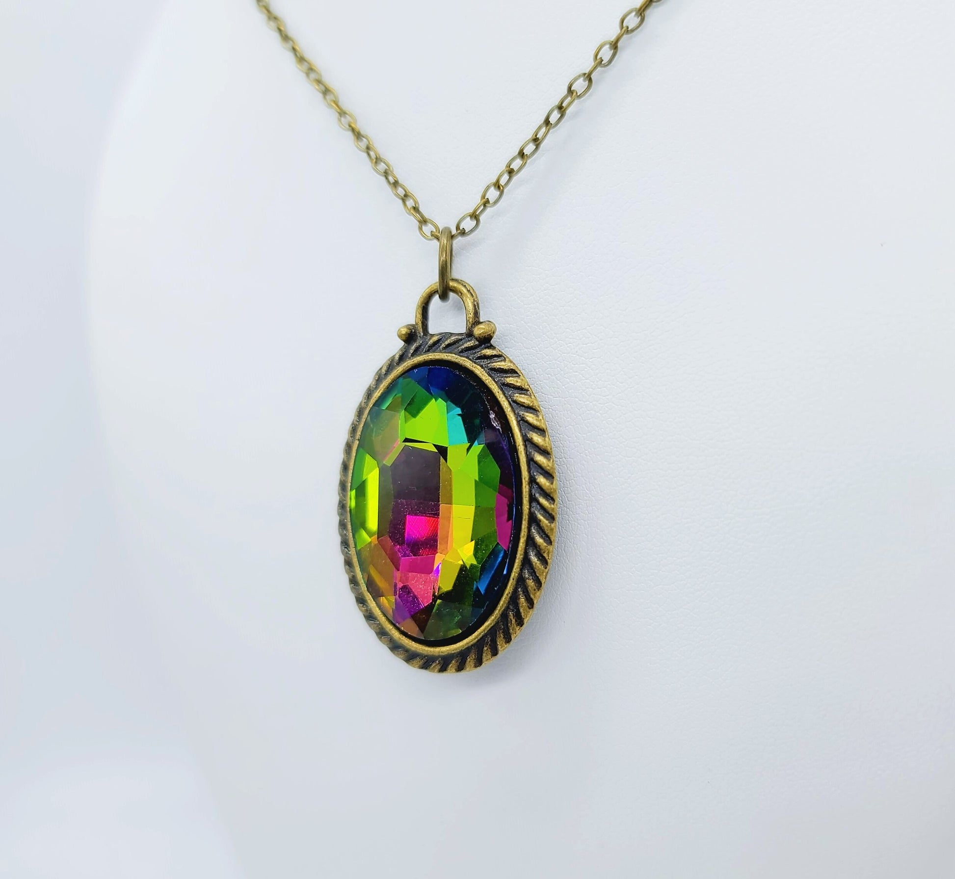 Handcrafted Rainbow Rhinestone Oval Pendant Necklace - Bronze 18" Chain & Bail - Rainbow Aurora Borealis Look - Rainbow Mystic Topaz Look