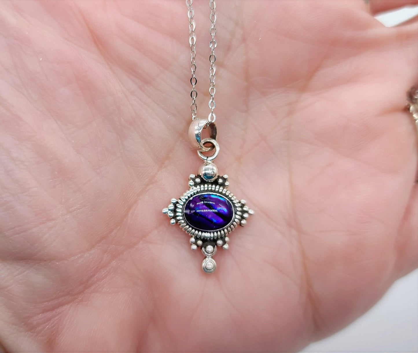 Genuine Purple Abalone Shell 925 Sterling Silver Pendant Necklace with 8x6mm Cabochon Setting Covered with Holographic Powder Infused Resin