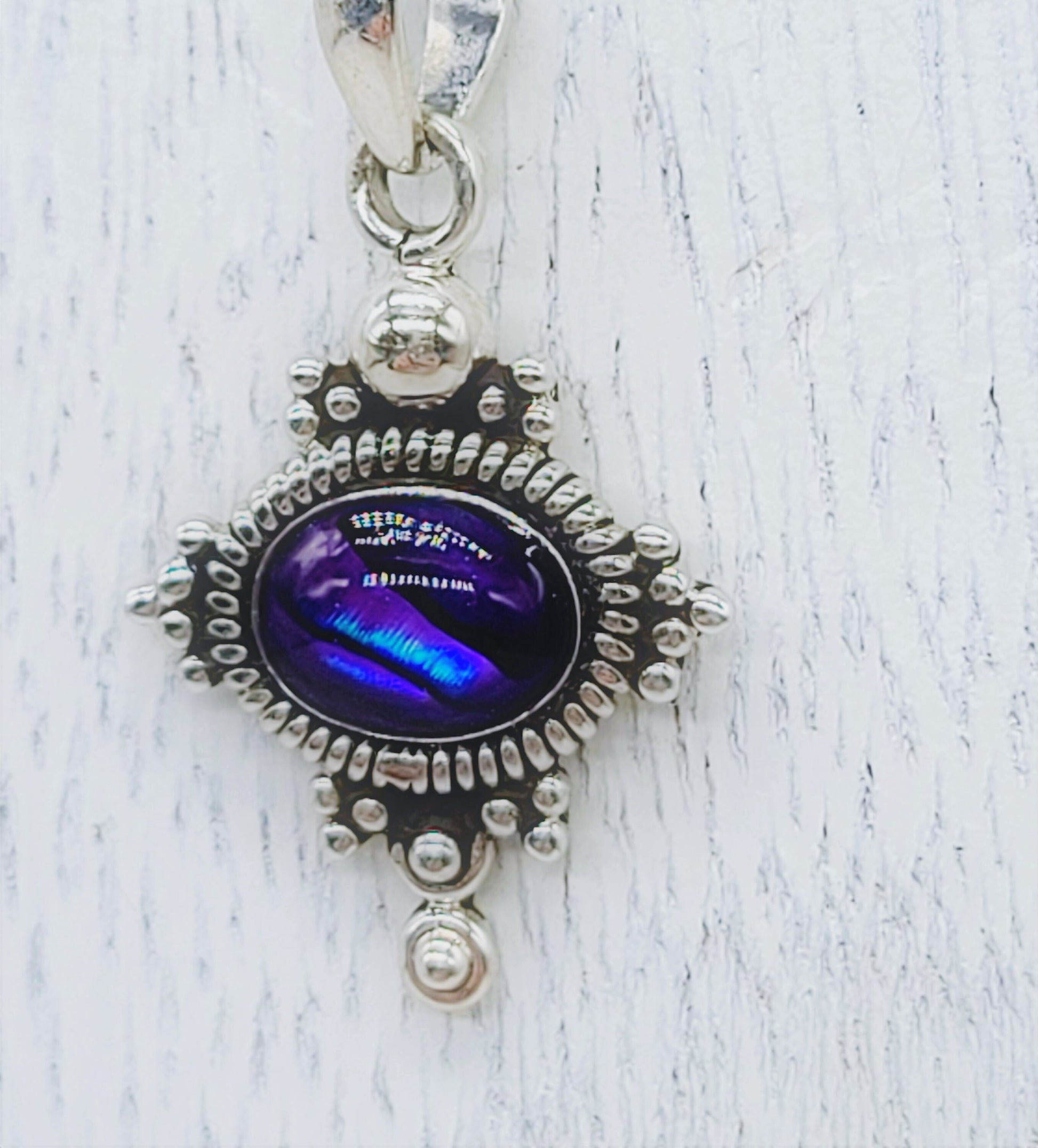 Genuine Purple Abalone Shell 925 Sterling Silver Pendant Necklace with 8x6mm Cabochon Setting Covered with Holographic Powder Infused Resin