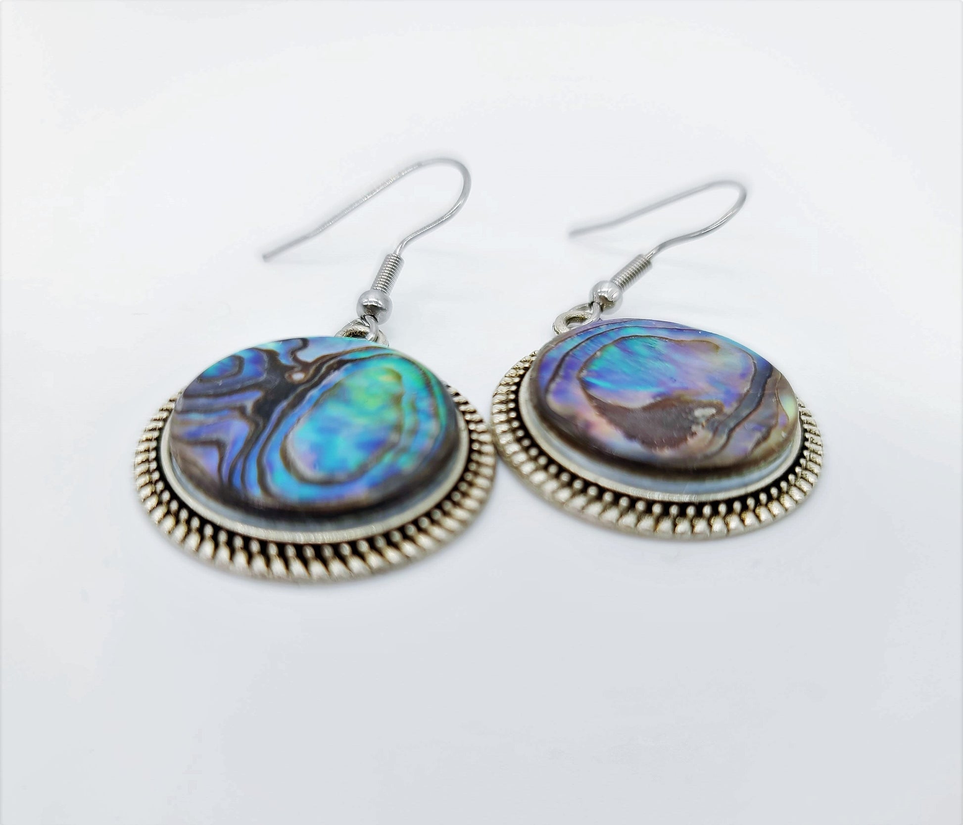 Handcrafted Natural Abalone Seashell / Paua Shell Earrings / Tibetan Style / Made with Hypoallergenic Silver Stainless Steel Ear Wire Hooks