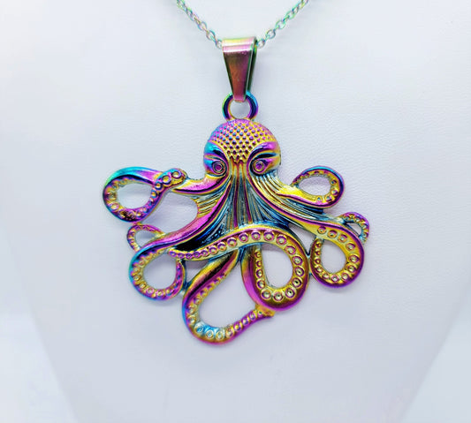 Rainbow Chromium Metal Octopus Pendant Necklace - 19" Stainless Steel Rainbow Hypoallergenic Chain - Lobster Claw Closure - Alloy Pendant