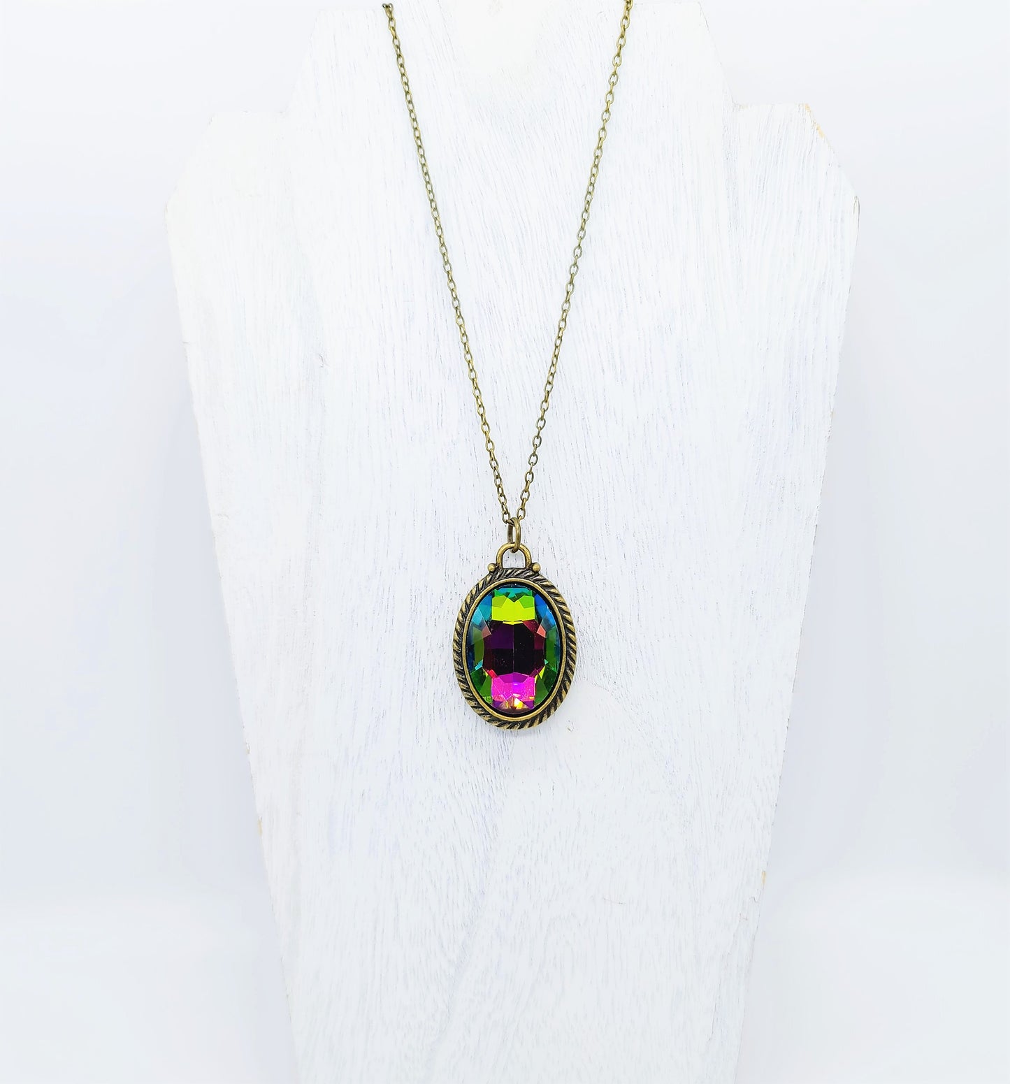 Handcrafted Rainbow Rhinestone Oval Pendant Necklace - Bronze 18" Chain & Bail - Rainbow Aurora Borealis Look - Rainbow Mystic Topaz Look