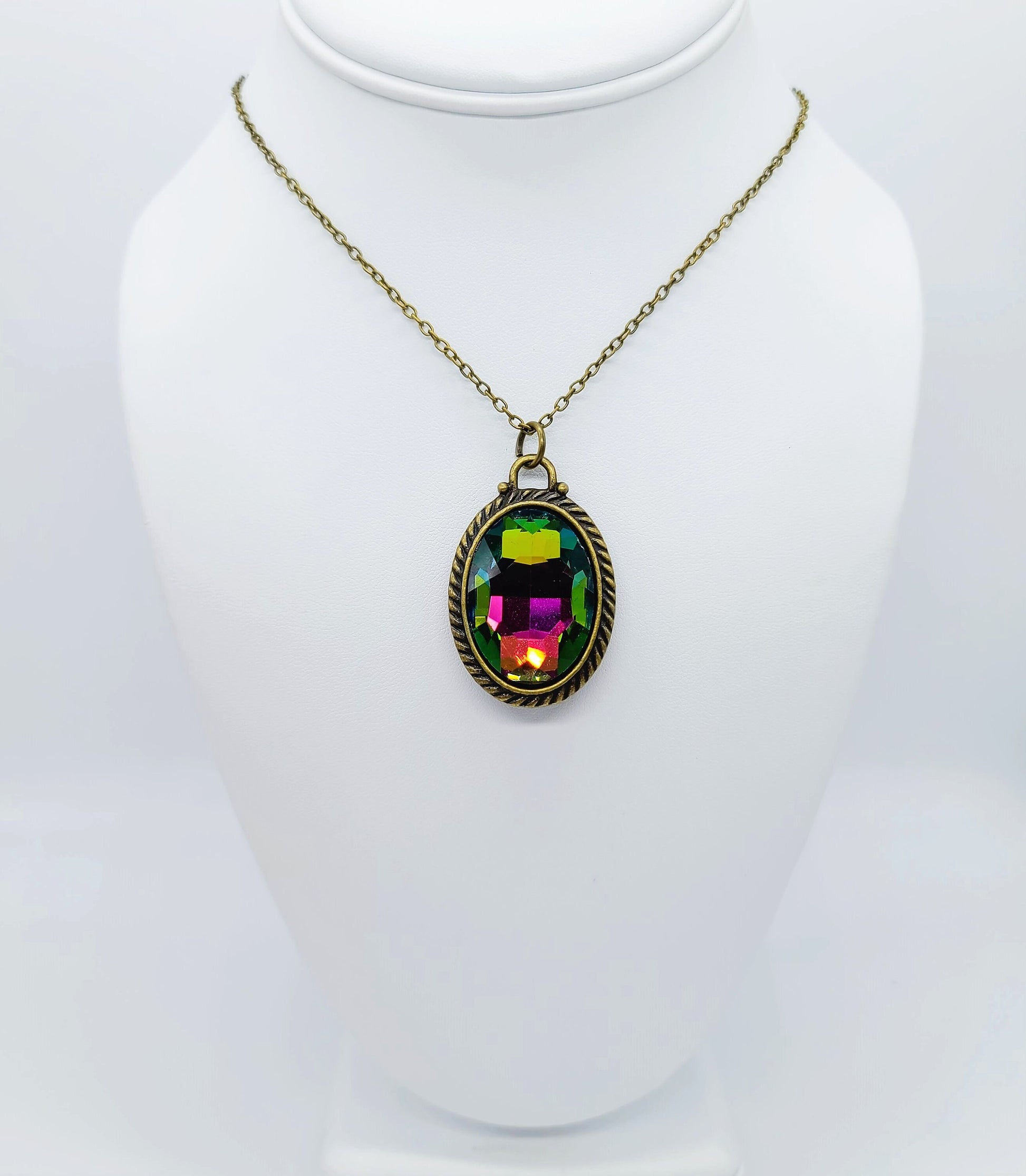 Handcrafted Rainbow Rhinestone Oval Pendant Necklace - Bronze 18" Chain & Bail - Rainbow Aurora Borealis Look - Rainbow Mystic Topaz Look