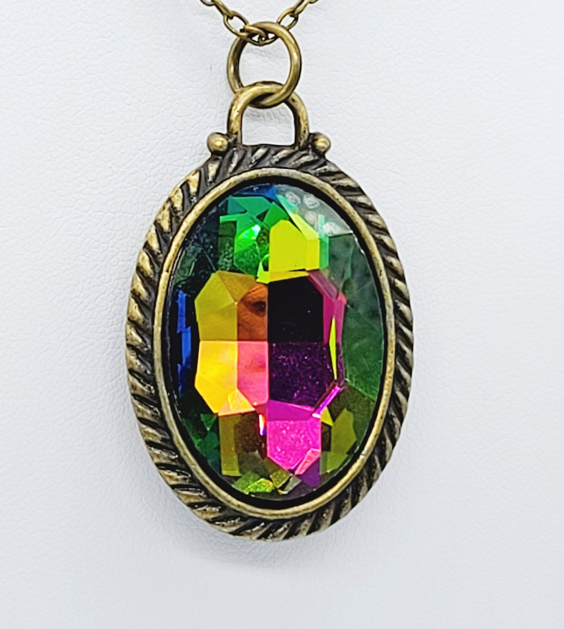 Handcrafted Rainbow Rhinestone Oval Pendant Necklace - Bronze 18" Chain & Bail - Rainbow Aurora Borealis Look - Rainbow Mystic Topaz Look