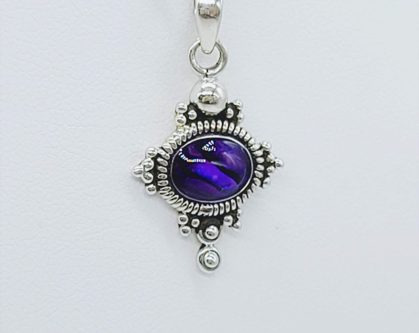 Genuine Purple Abalone Shell 925 Sterling Silver Pendant Necklace with 8x6mm Cabochon Setting Covered with Holographic Powder Infused Resin