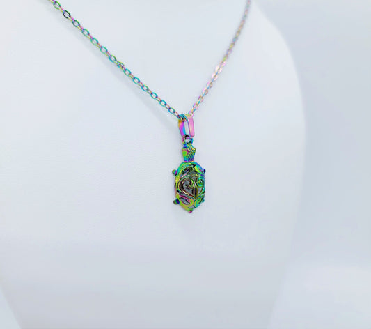 Rainbow Chromium Metal Sea Turtle Pendant Necklace - 19 Inch Stainless Steel Hypoallergenic Chain - Lobster Claw Closure - Alloy Pendant