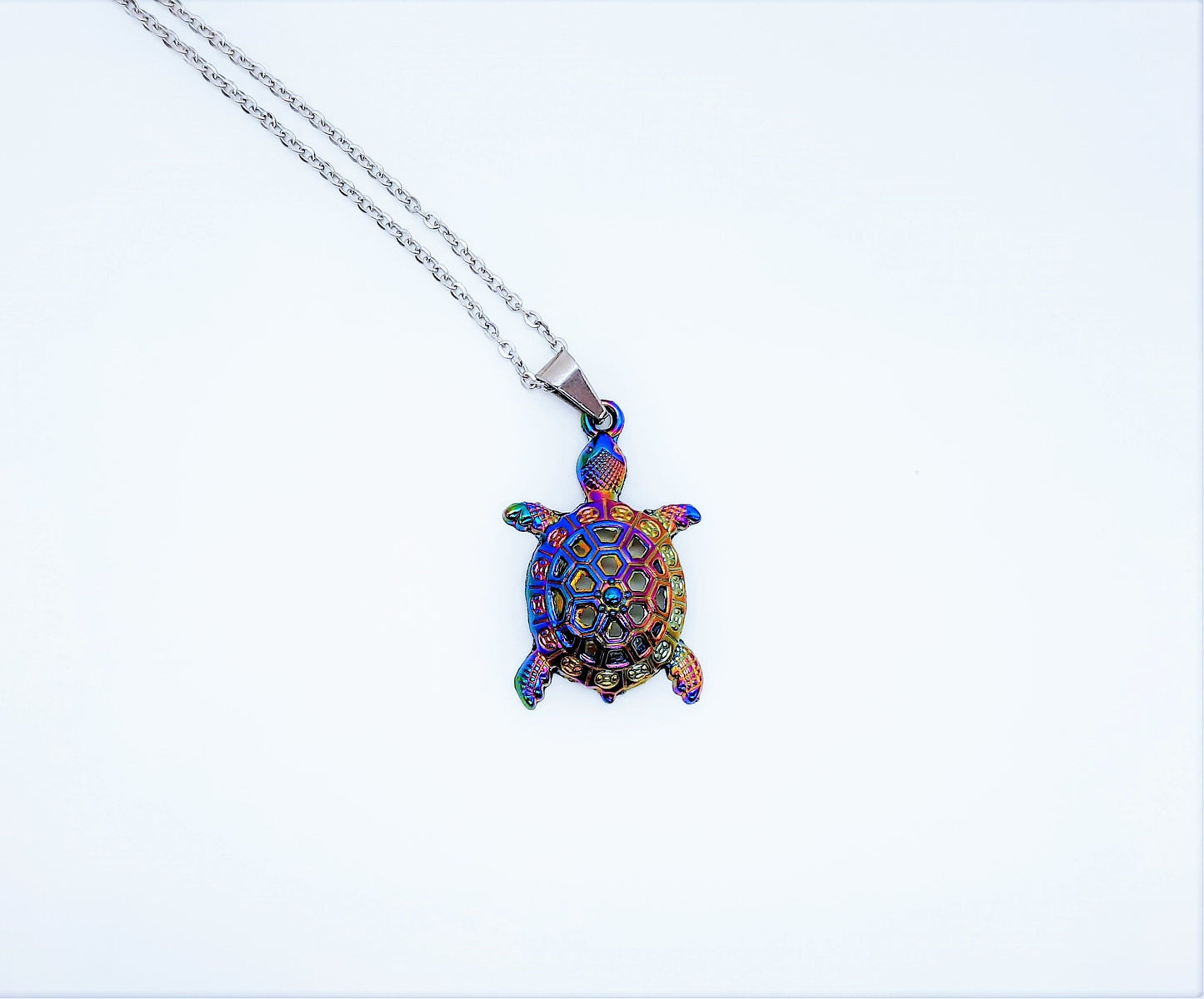 Rainbow Chromium Metal Sea Turtle Pendant Necklace - 19 Inch Stainless Steel Hypoallergenic Chain - Lobster Claw Closure - Alloy Pendant